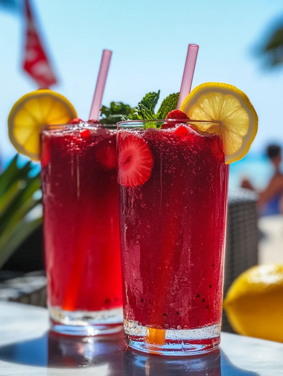 Deux verres de thé d'hibiscus avec fraises et limonade.