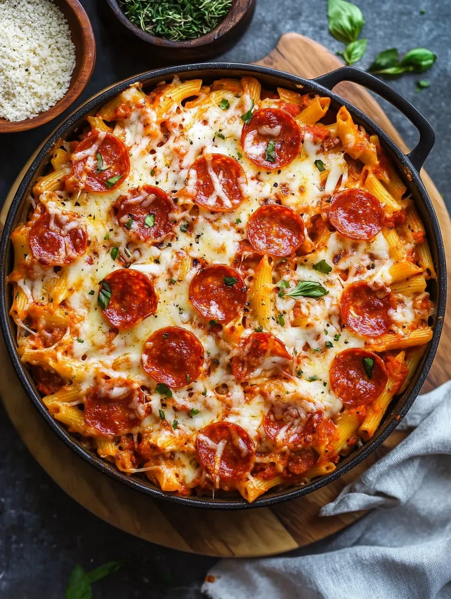 Un bol de pâtes avec du pepperoni et du fromage.