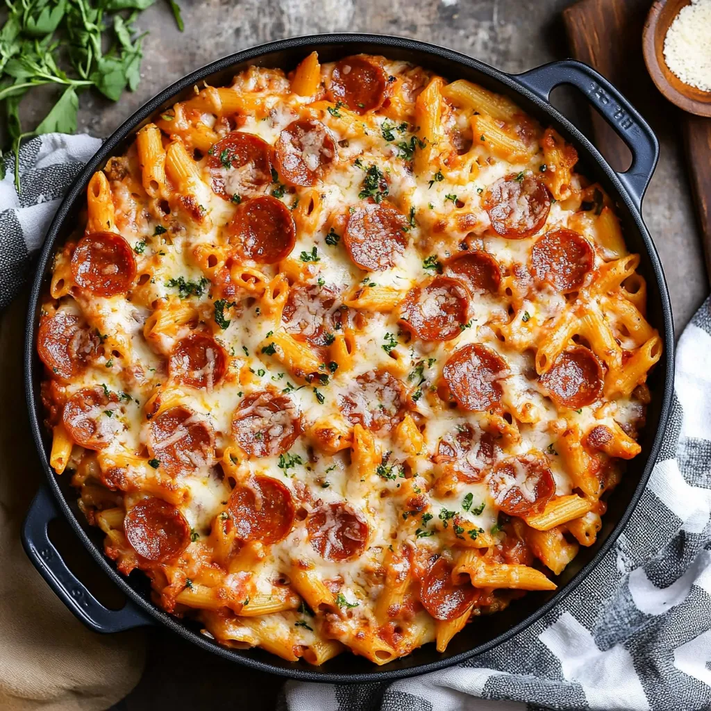 Un plat de pâtes au pepperoni et fromage.