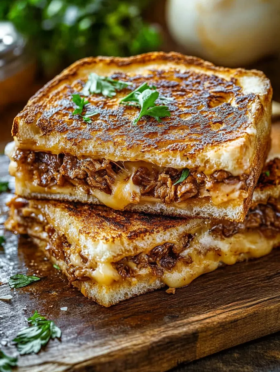 Un sandwich au fromage grillé avec de la viande dedans.