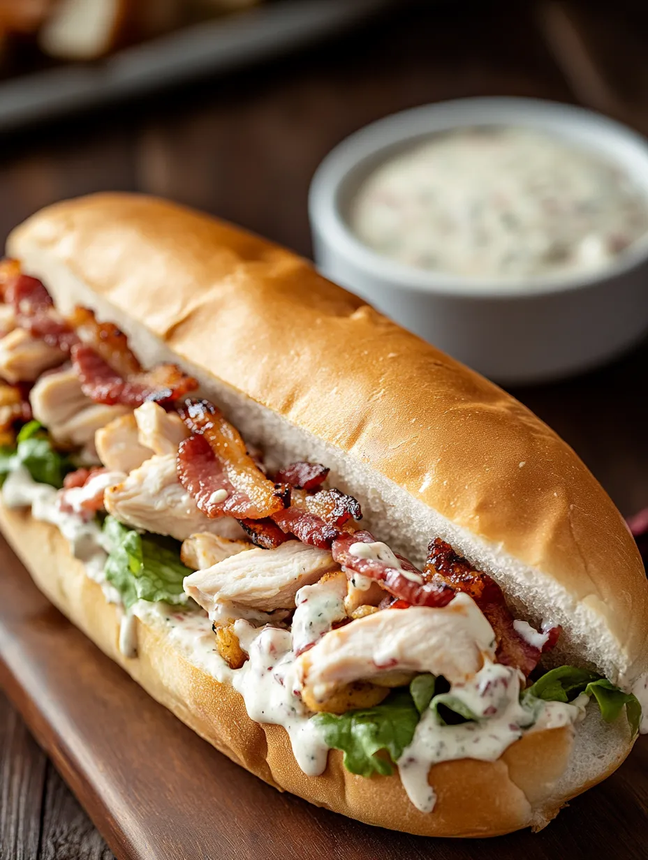 Un sandwich avec du poulet, du bacon et de la sauce ranch.