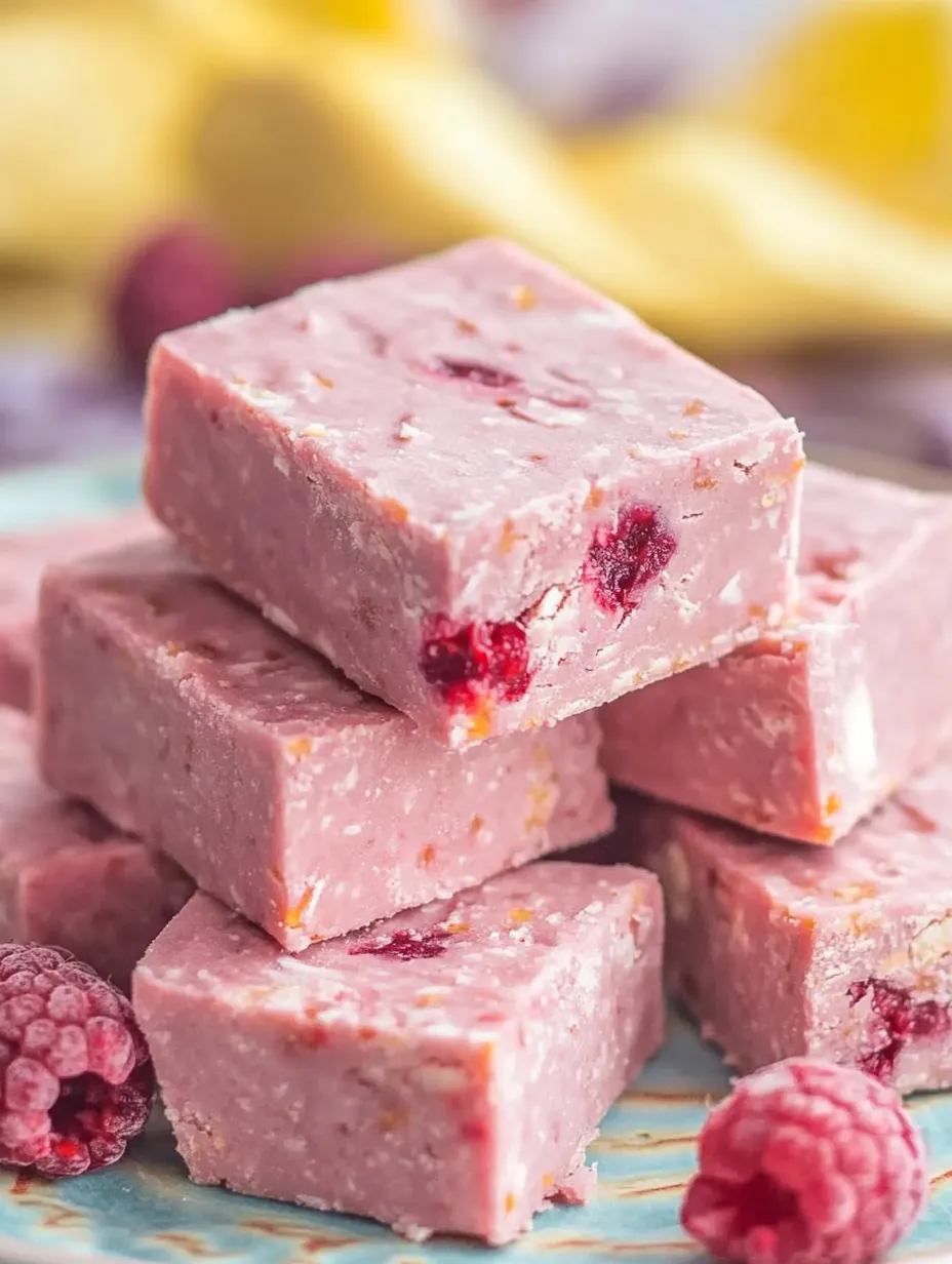 Une pile de délices roses et oranges à la framboise et noix de coco.