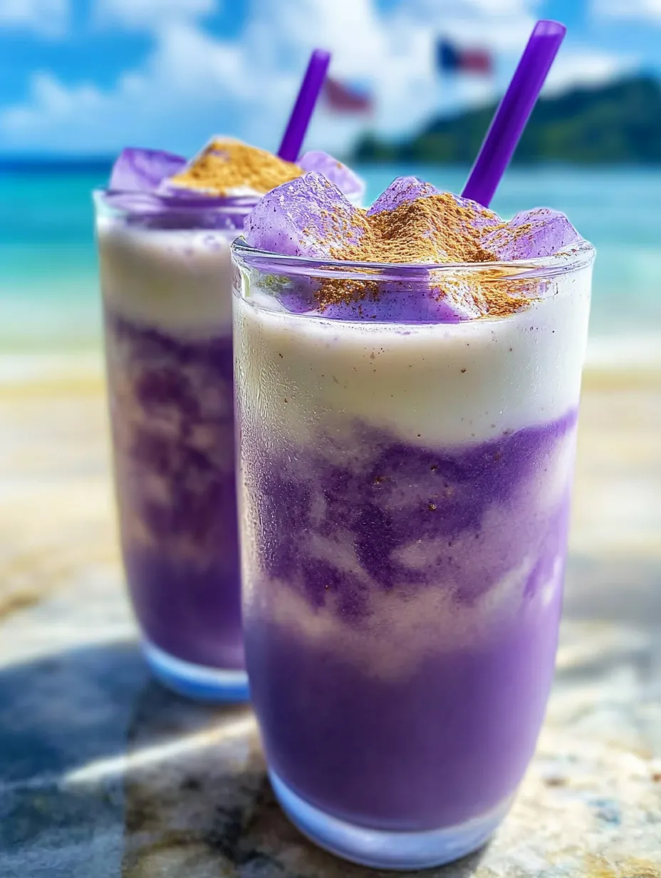 Deux verres de boisson violette avec une pincée de cannelle sur le dessus.