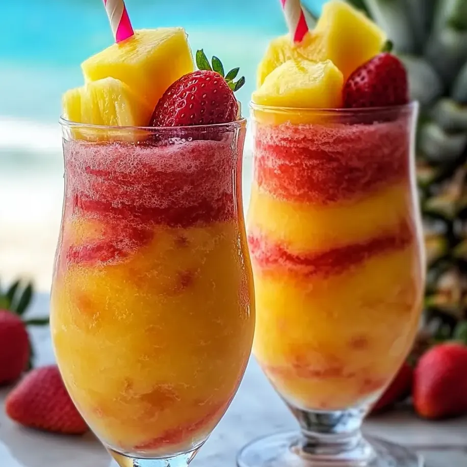 Deux verres de boissons glacées tourbillonnées ananas-fraise.