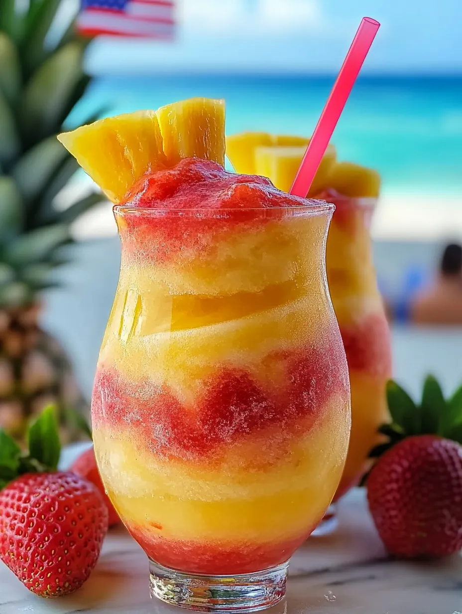 Deux boissons glacées ananas-fraise tourbillonnantes sur une table.