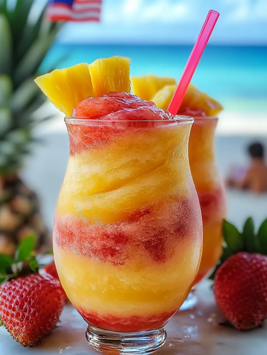 Deux verres de boissons glacées tourbillonnantes ananas-fraise.