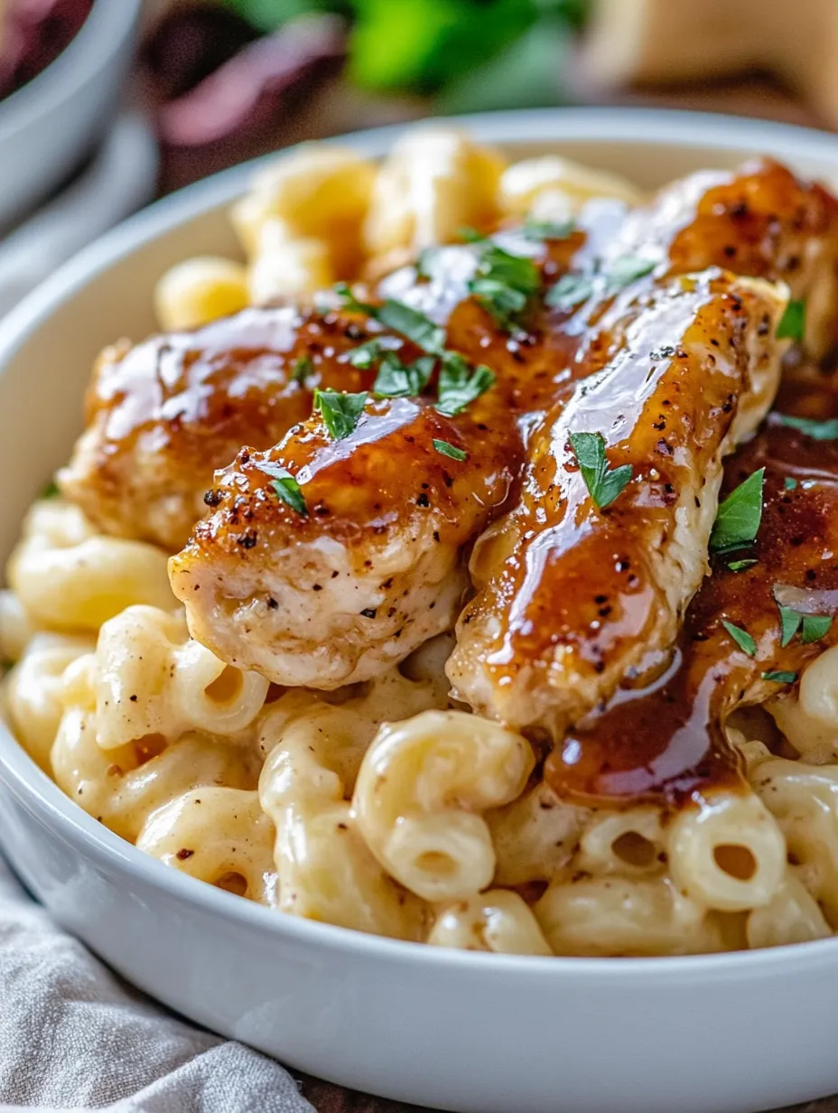 Un bol de nourriture avec poulet et macaroni.