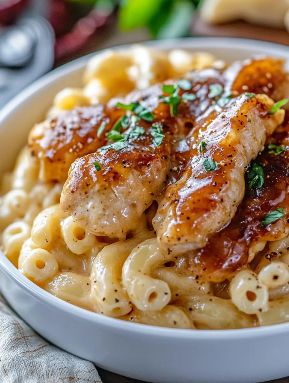 Un bol de poulet au miel et poivre avec macaroni.