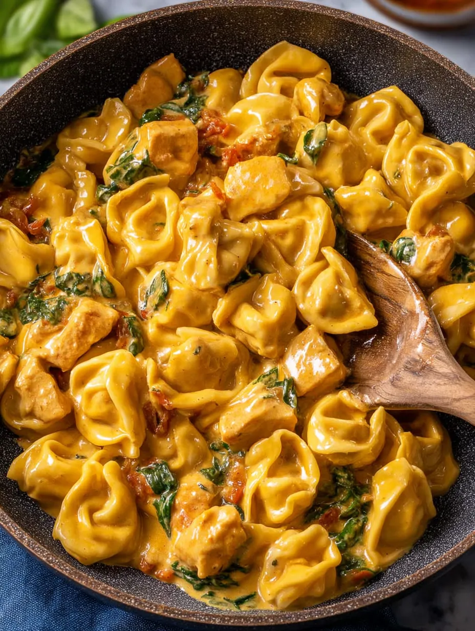 Un bol de tortellini au poulet avec une cuillère en bois dedans.