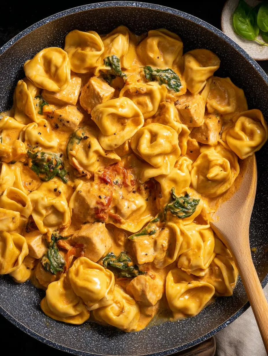 Un bol de tortellini au poulet avec une cuillère dedans.