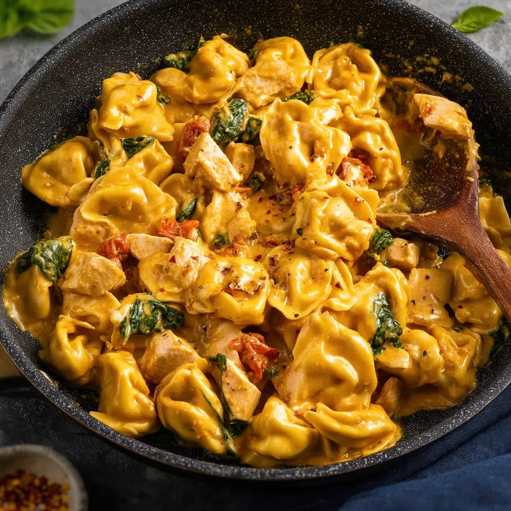 Un délicieux plat de tortellini au poulet.