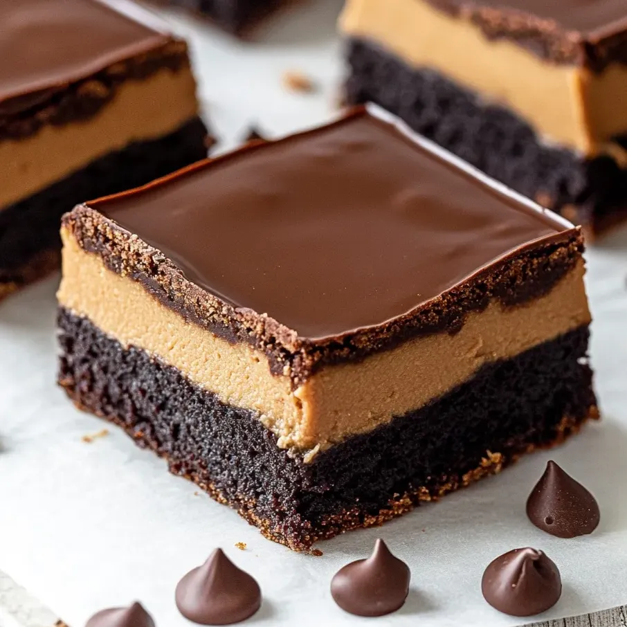 Une part de brownies Buckeye avec ganache.