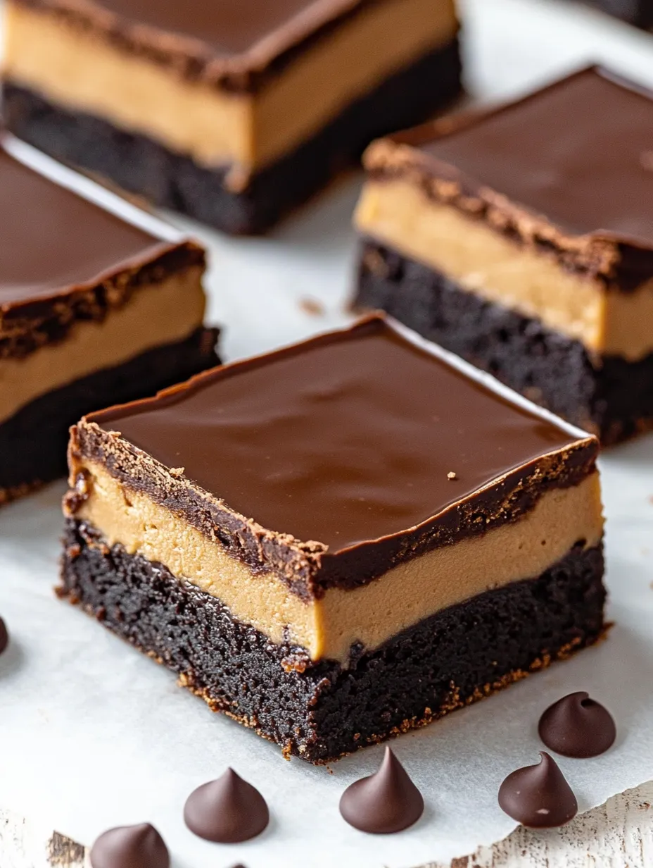 Zoom sur un brownie Buckeye chocolat et beurre de cacahuète.