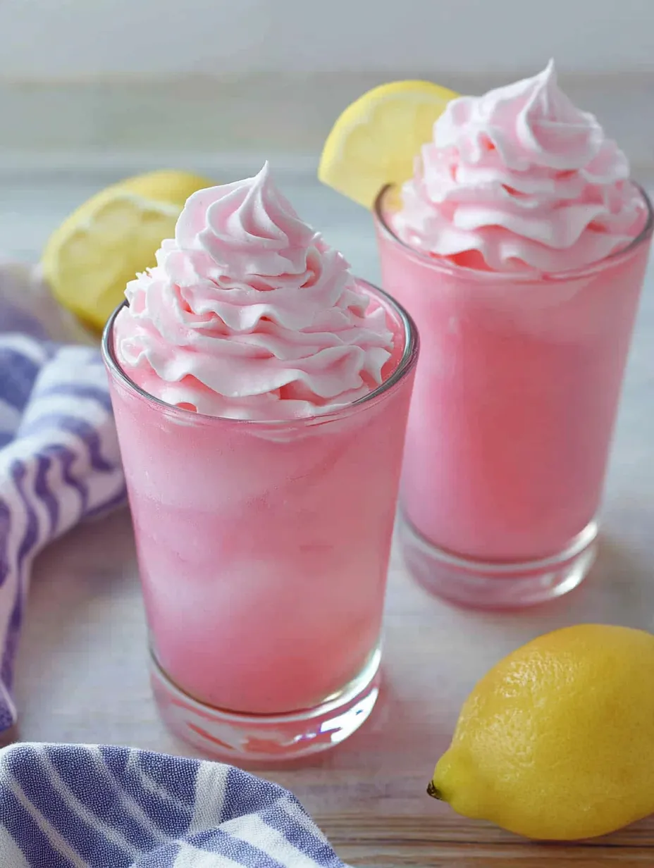 Deux verres de limonade rose coiffés de chantilly.