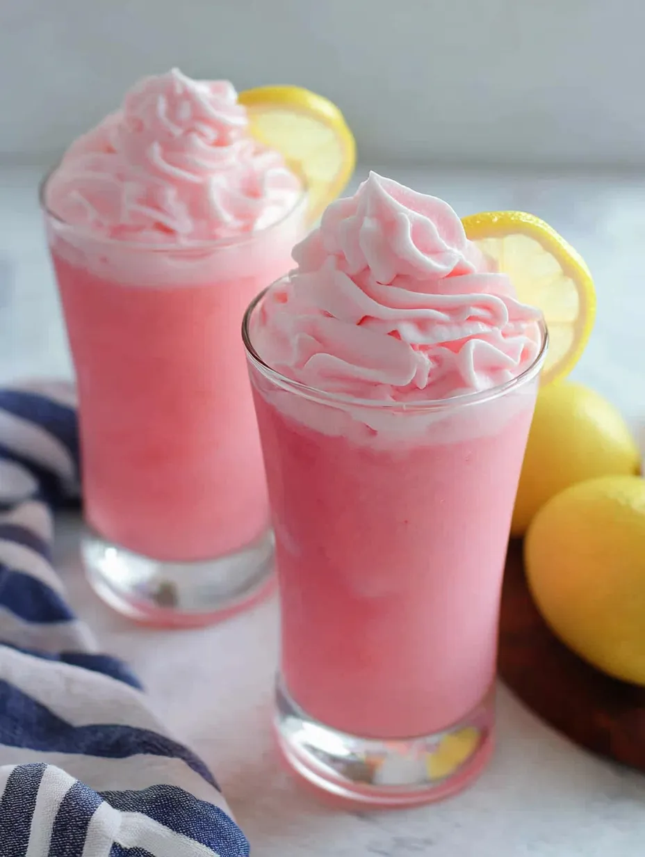 Deux verres de limonade rose coiffés de chantilly.