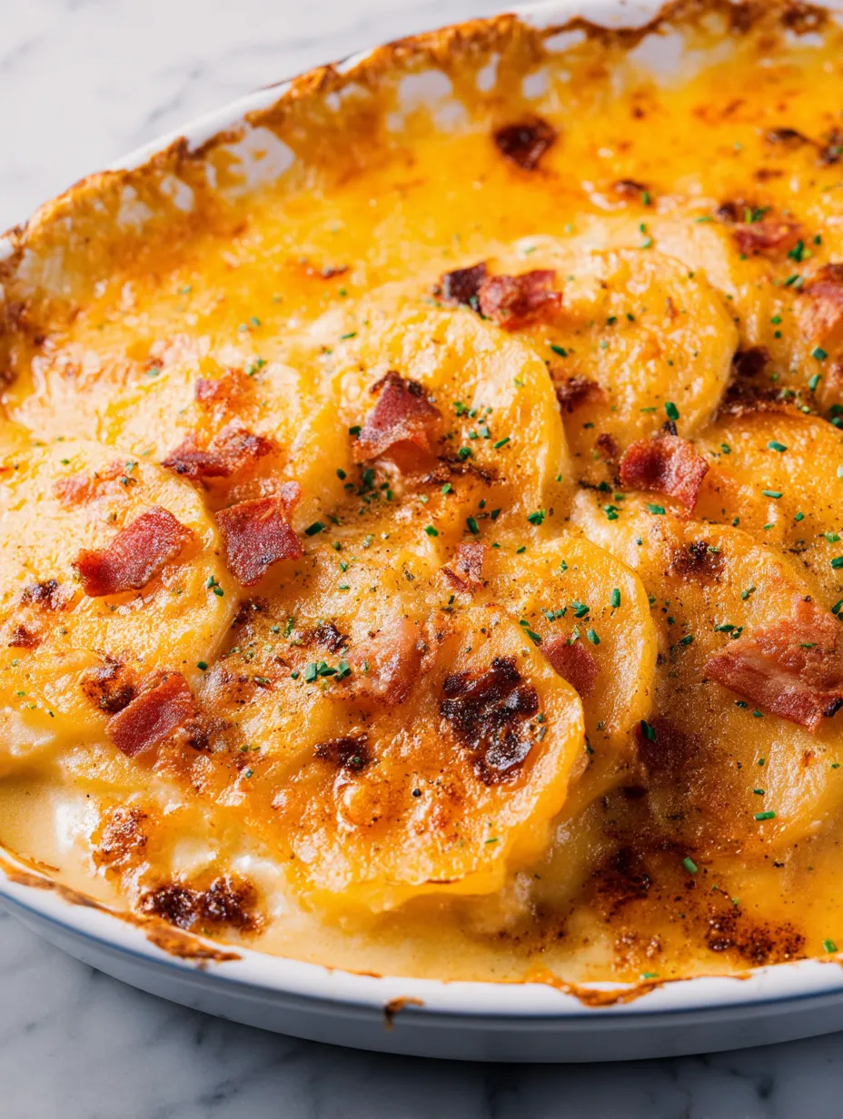 Un plat de pommes de terre fondantes avec bacon et fromage.