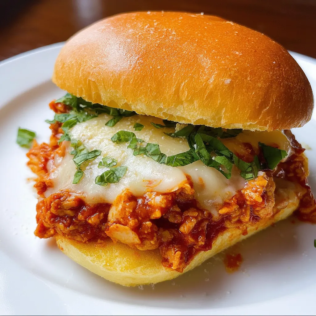 Un sandwich joe poulet parmesan dans une assiette blanche.
