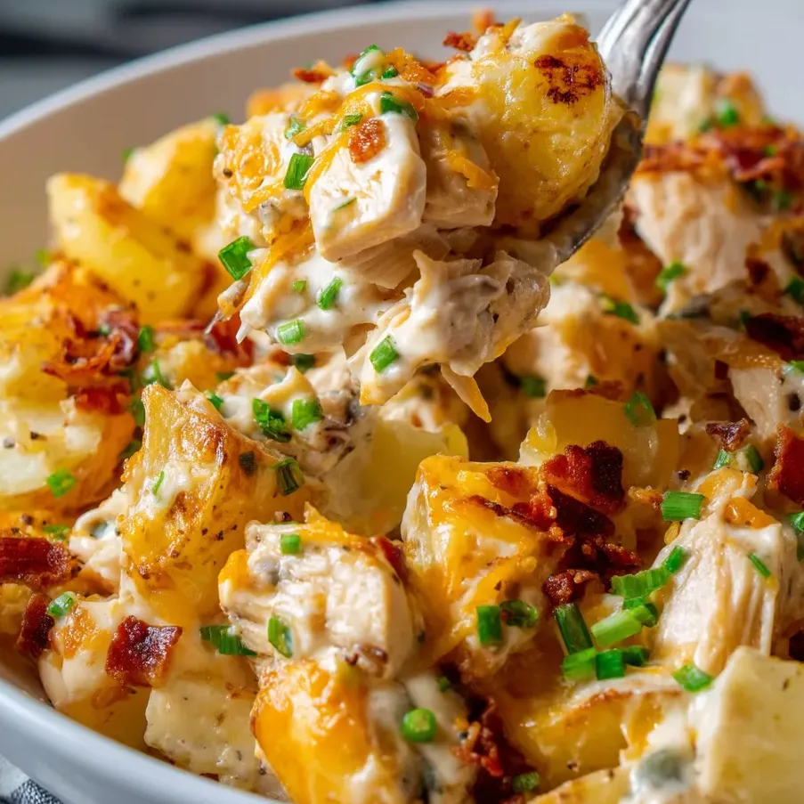 Un bol de gratin poulet-pommes de terre sauce ranch et bacon.