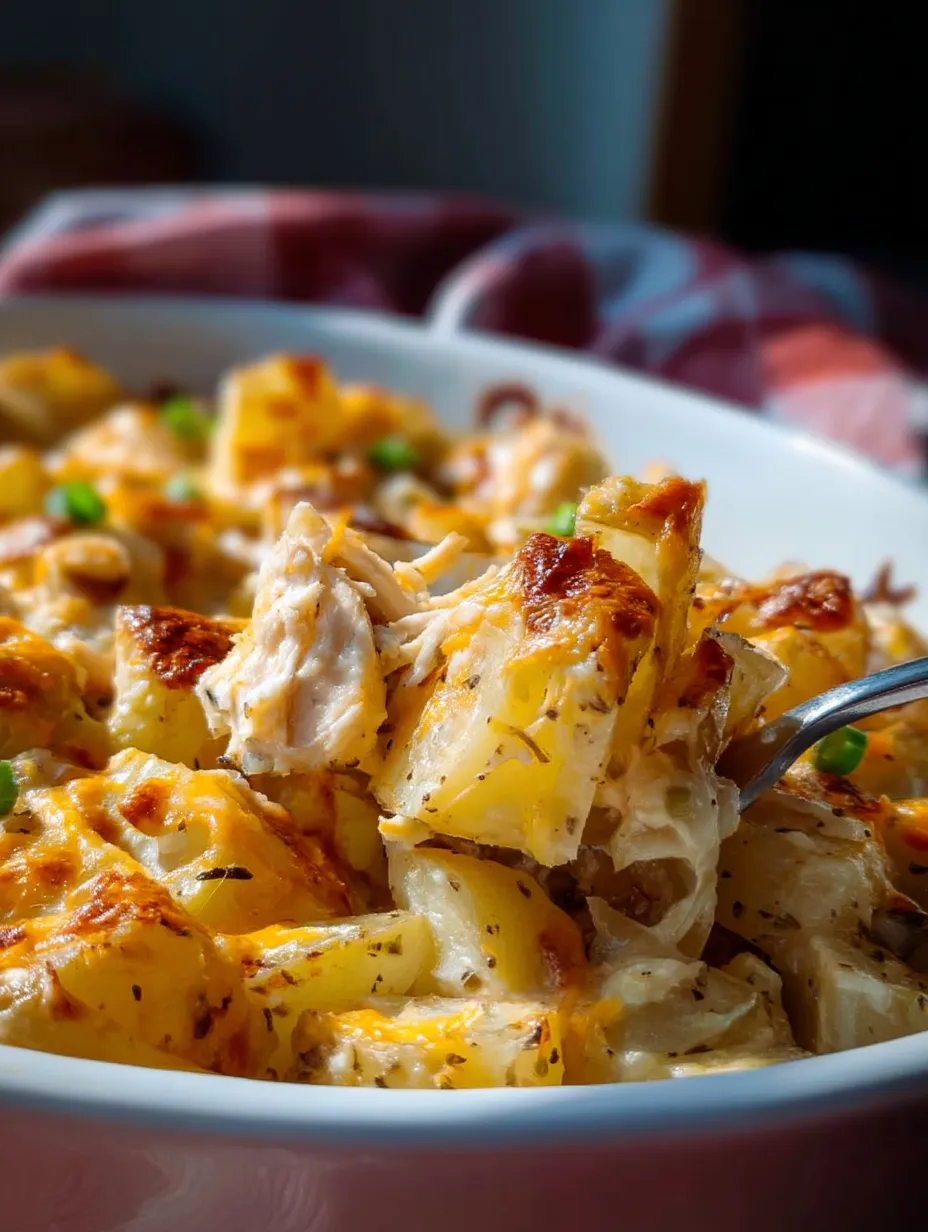 Un bol blanc avec un délicieux gratin pommes de terre poulet sauce ranch.