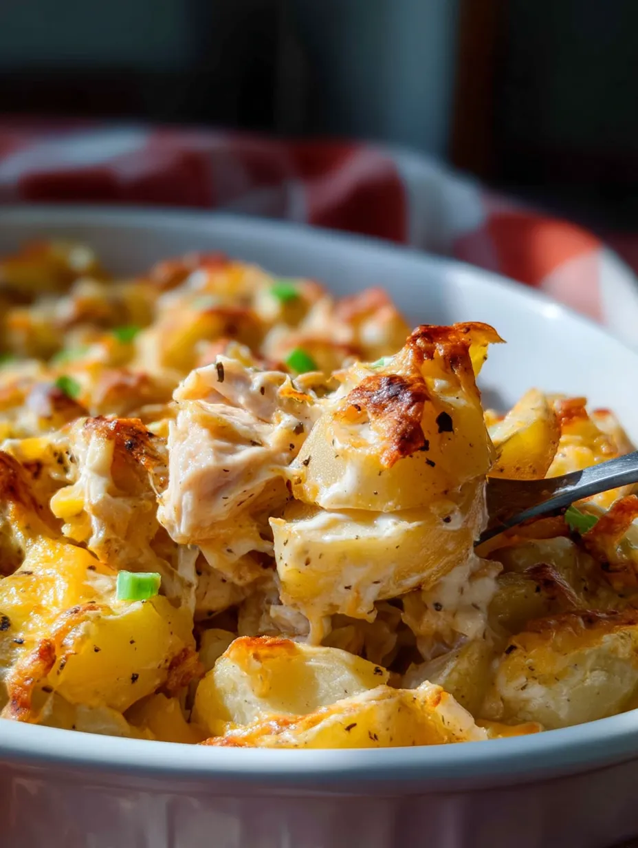 Un bol blanc rempli d’un gratin de pommes de terre au poulet sauce ranch garni.