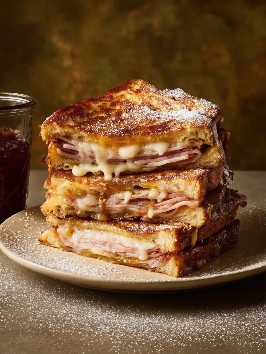 Un sandwich Monte Cristo garni de fromage fondant et de jambon.