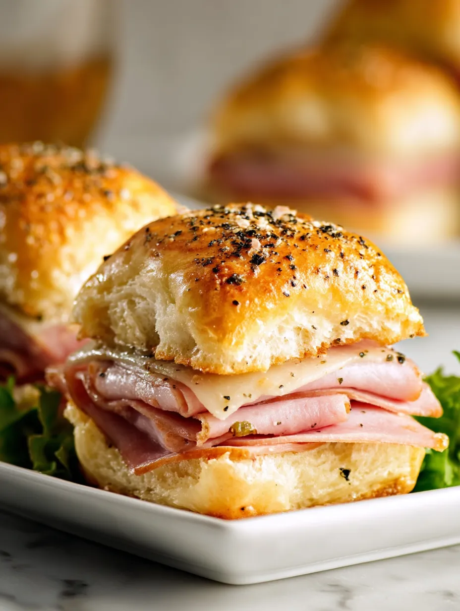 Deux sliders jambon-fromage suisse sur une assiette.