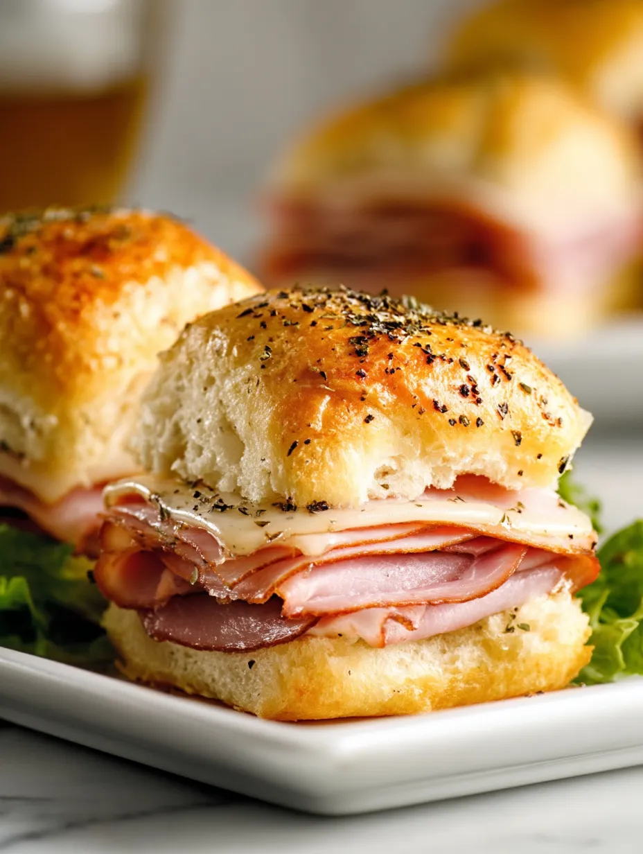 Deux sliders jambon-fromage suisse sur une assiette.