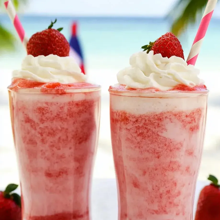 Deux frappuccinos à la fraise sur la table.