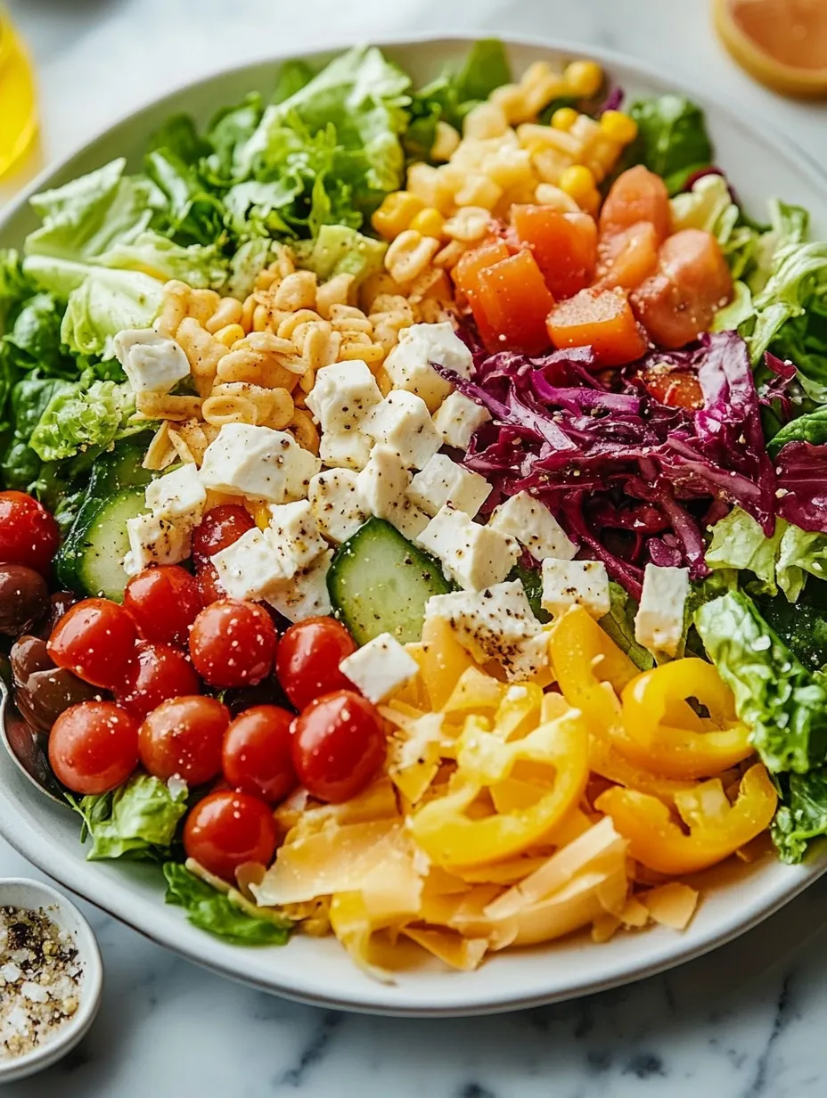 Une salade haute en couleur avec tomates, concombres, fromage et plein de légumes.