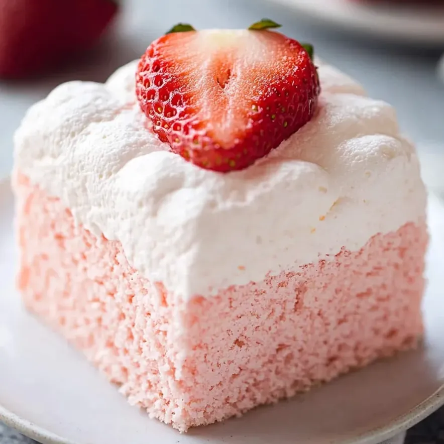 Une part de gâteau rose et blanche avec une fraise dessus.