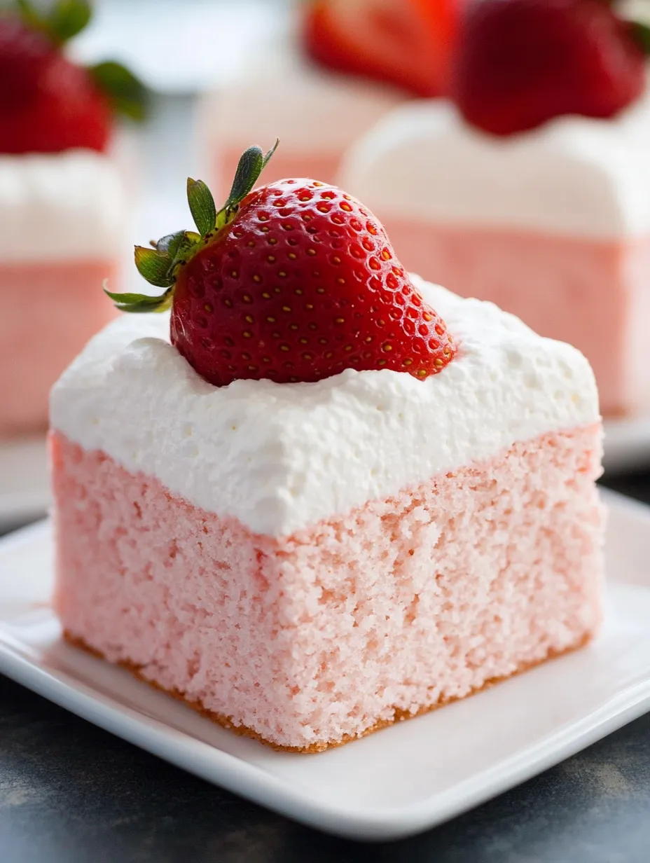 Une part de gâteau rose et blanc avec une fraise dessus.