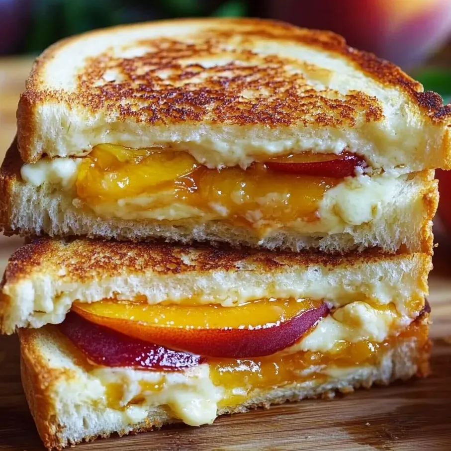 Un sandwich fondant au fromage avec des pêches et du cheddar blanc.