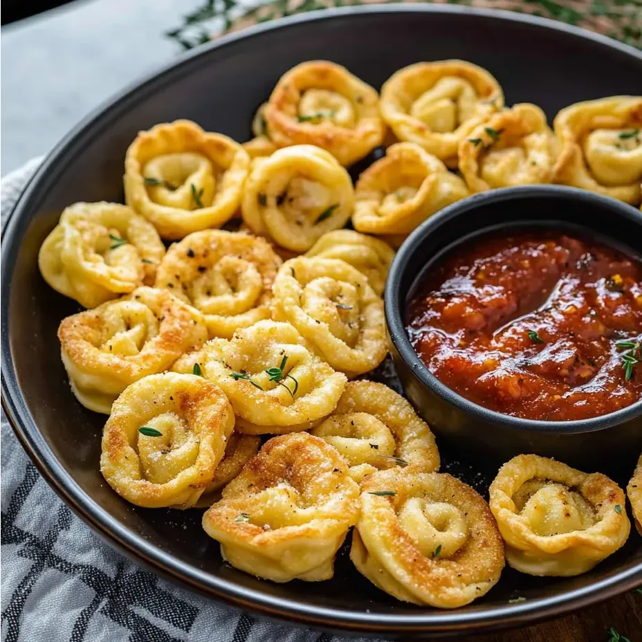 Un bol de tortellinis croustillants avec une sauce à tremper.