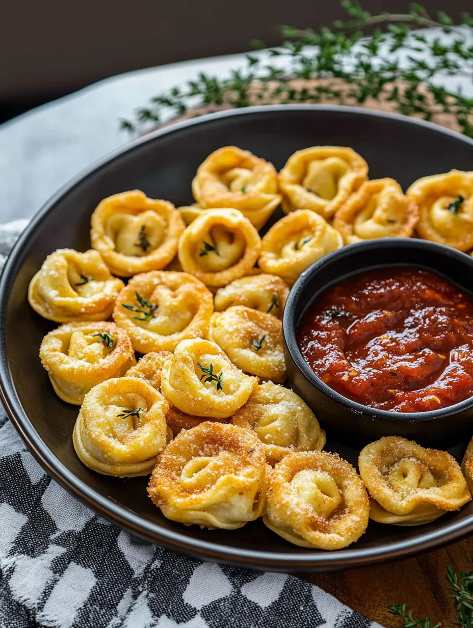Une assiette de tortellinis croustillants à la friteuse à air.