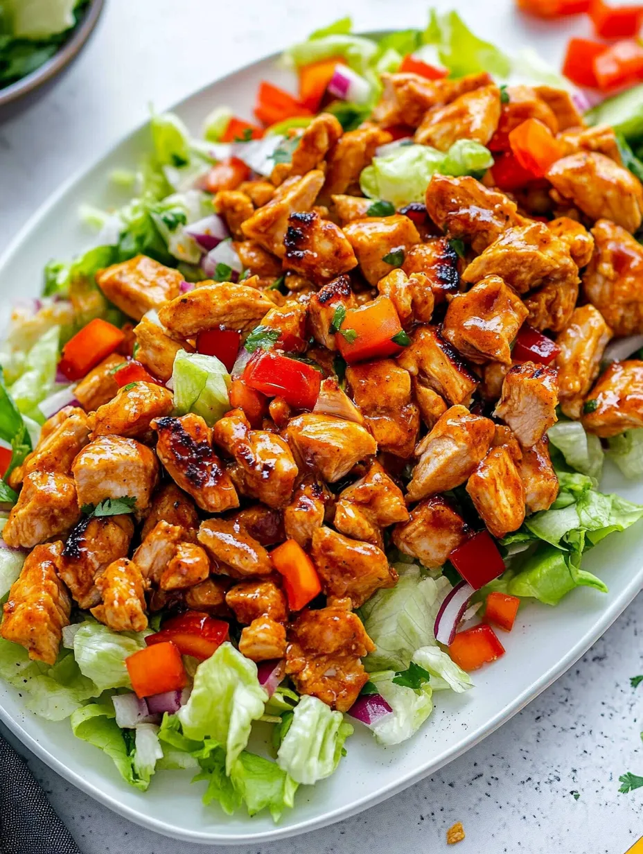 Une assiette de salade poulet pimenté au miel.