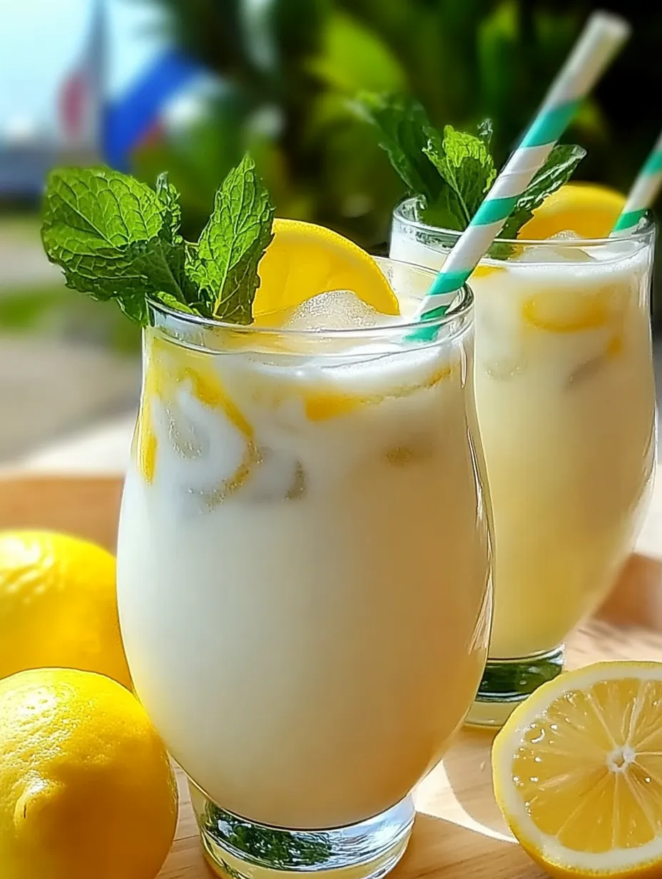 Deux verres de citronnade au lait concentré, torsades de citron en déco.