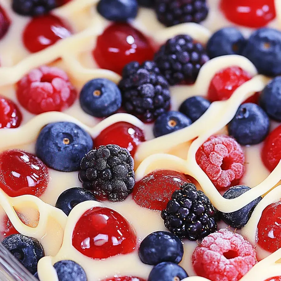 Zoom sur un gâteau froid couvert de fruits rouges et de crème.