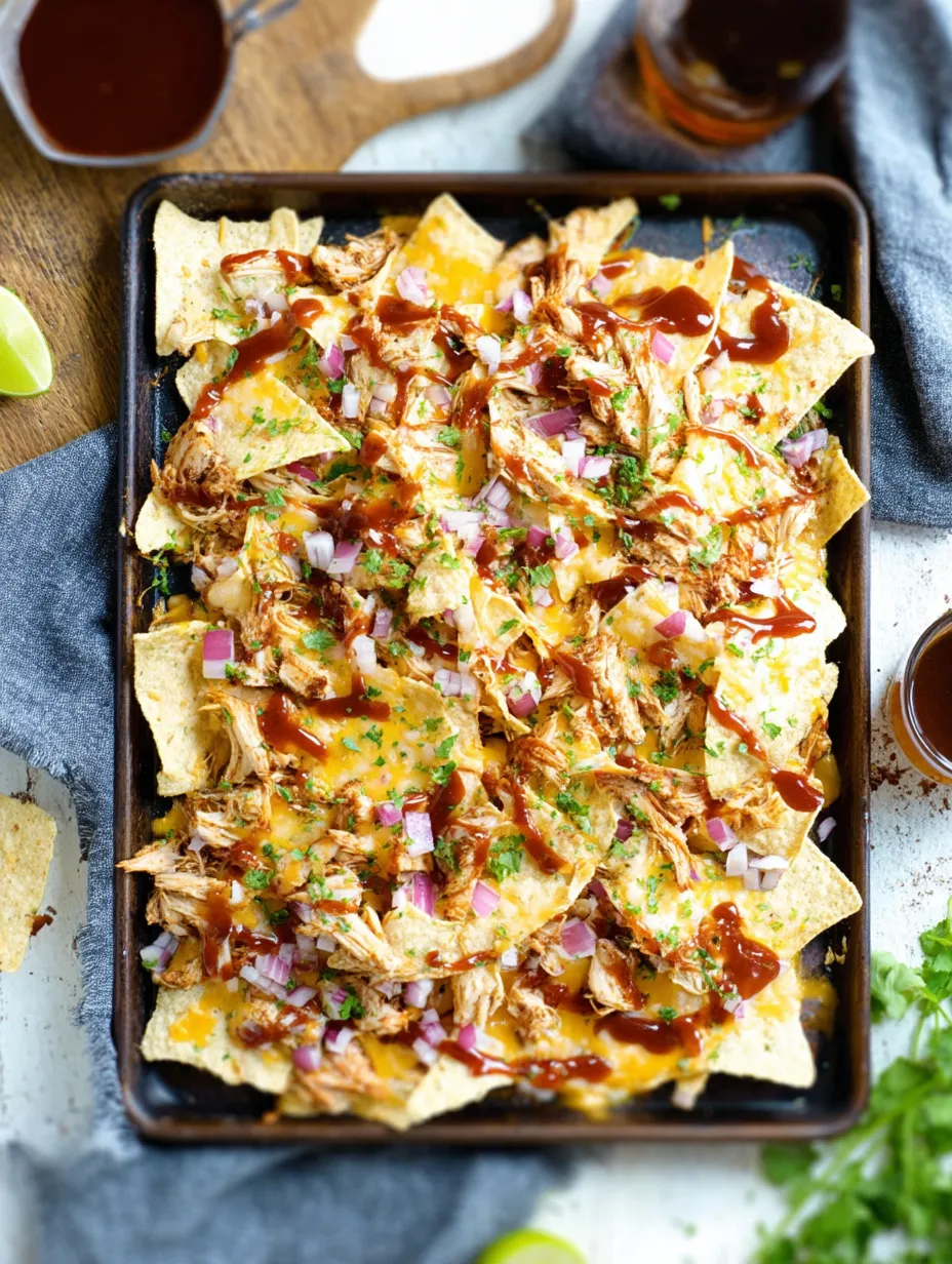 Un grand plat de nachos avec poulet BBQ et oignons.