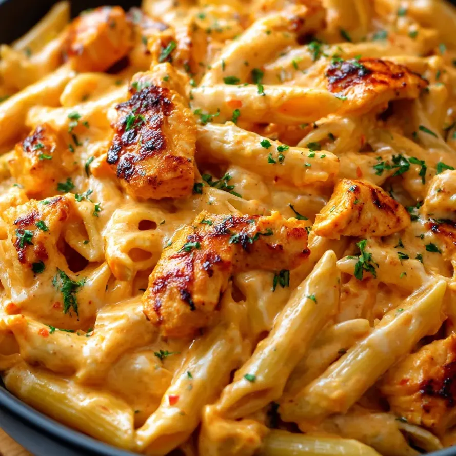 Un plat de penne buffalo ranch poulet prêt à servir, tout en un.