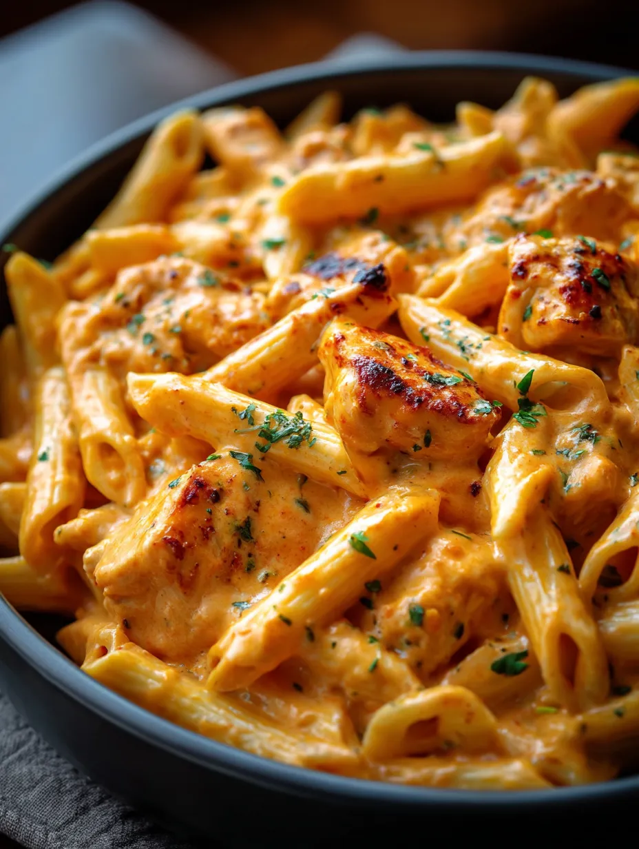 Bol de pâtes au poulet et sauce façon comfort food.