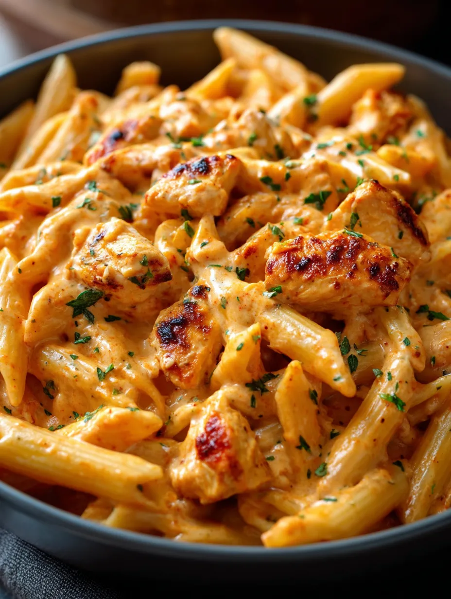 Une assiette de pâtes au poulet bien nappées de sauce.