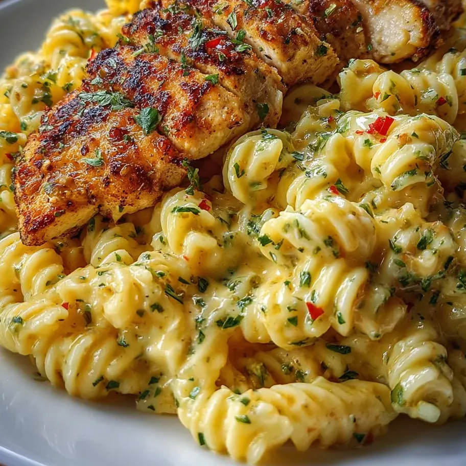Une assiette généreuse avec poulet et pâtes.