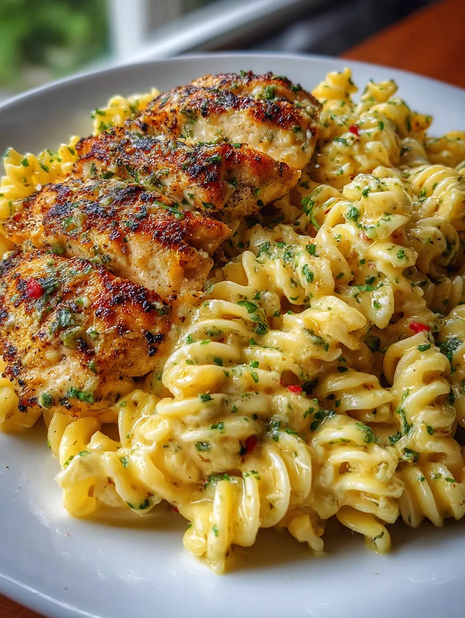 Une assiette de pâtes et poulet bien doré.