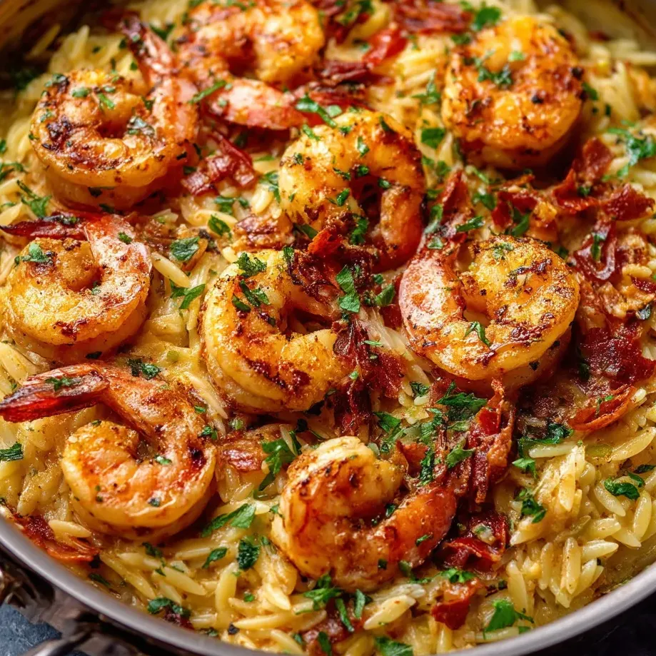 Un plat d’orzo et crevettes.