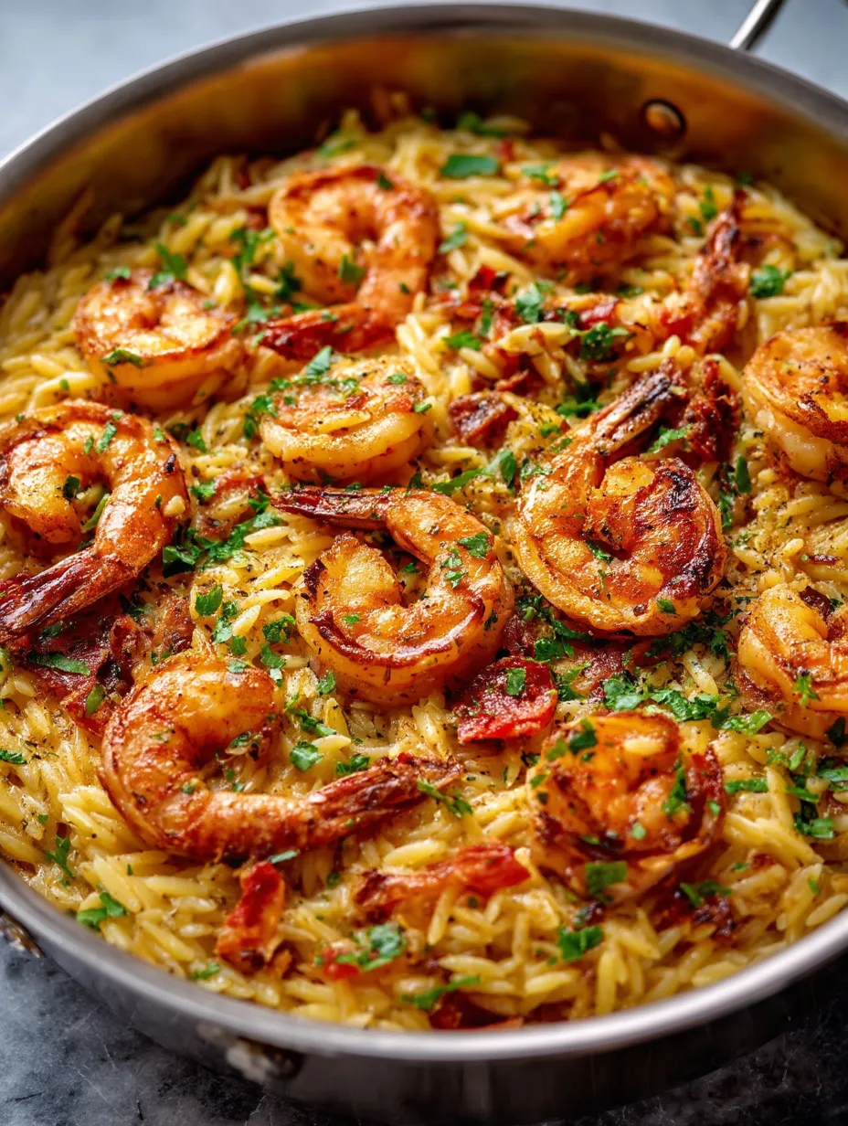 Un plat de crevettes et orzo.