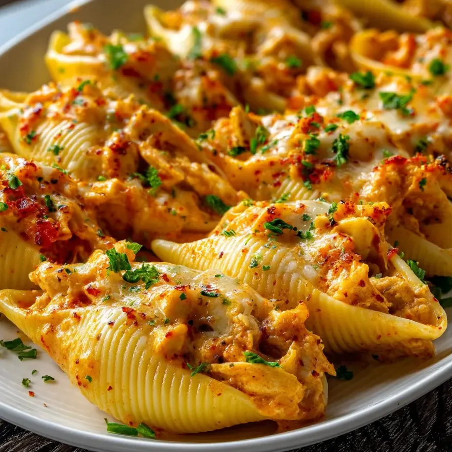 Une assiette avec des coquilles poulet cajun crémeuses.