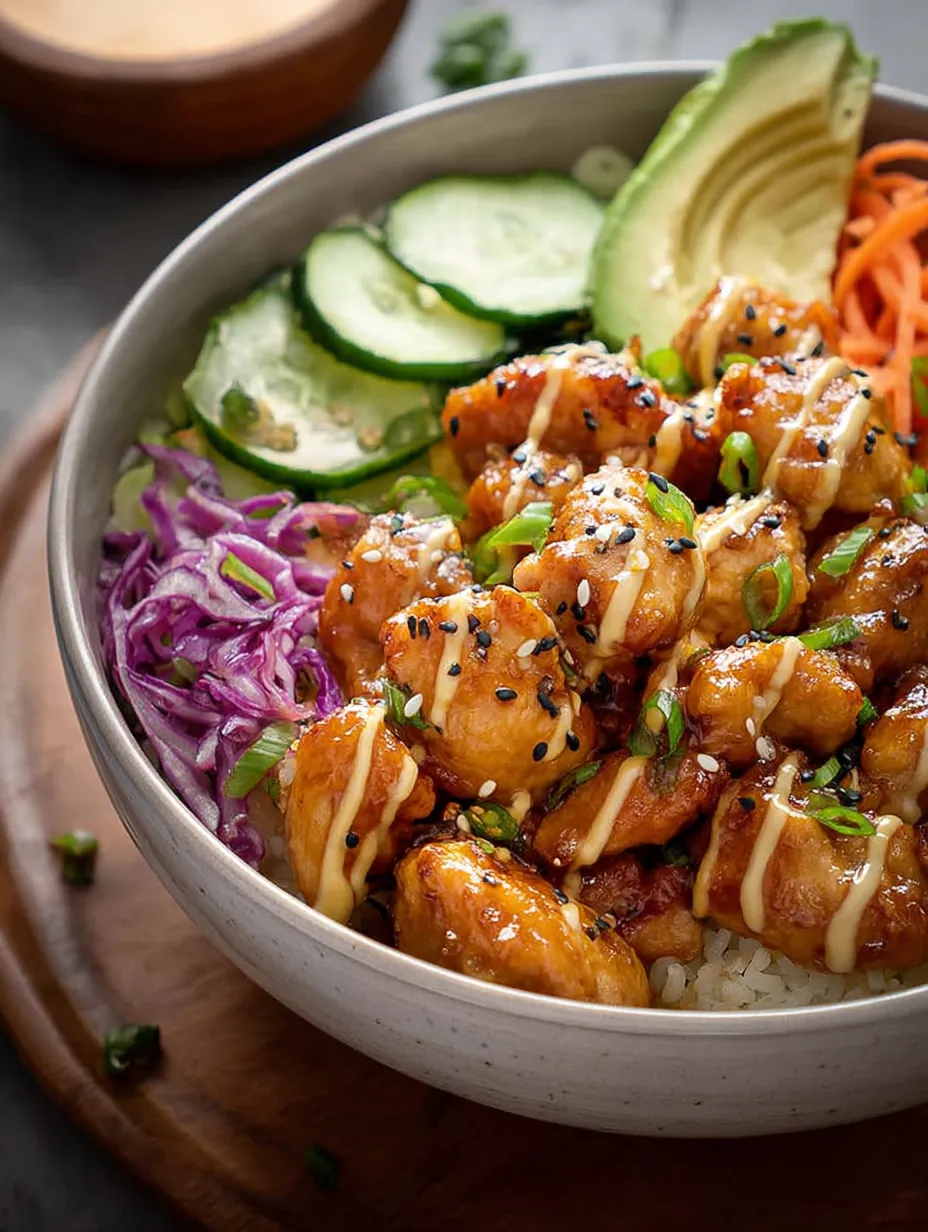 Un bol de poulet bang bang sur du riz et des légumes.