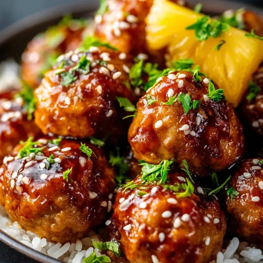 Une assiette de boulettes nappées de sauce teriyaki à l’ananas.