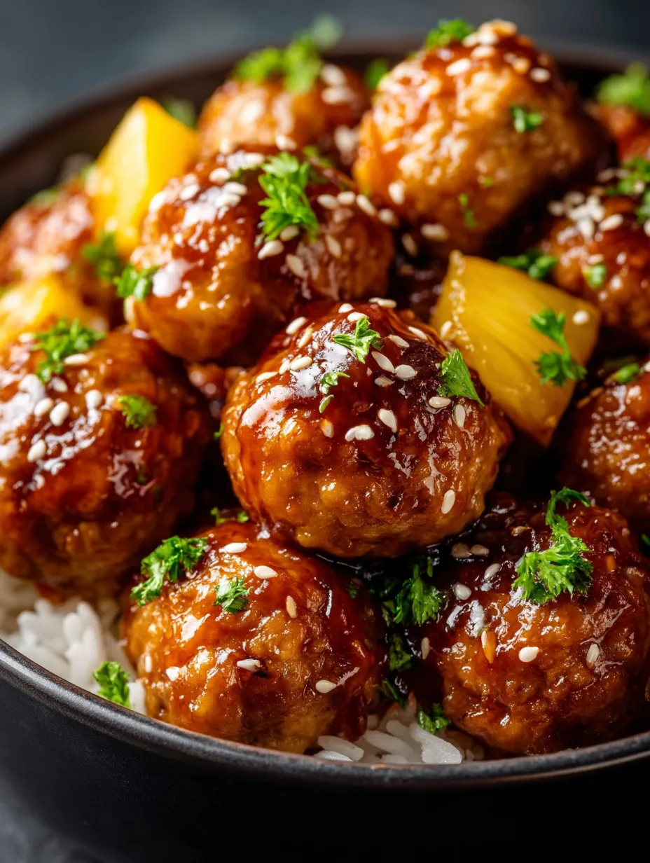Un bol de boulettes nappées d’une sauce teriyaki à l’ananas.