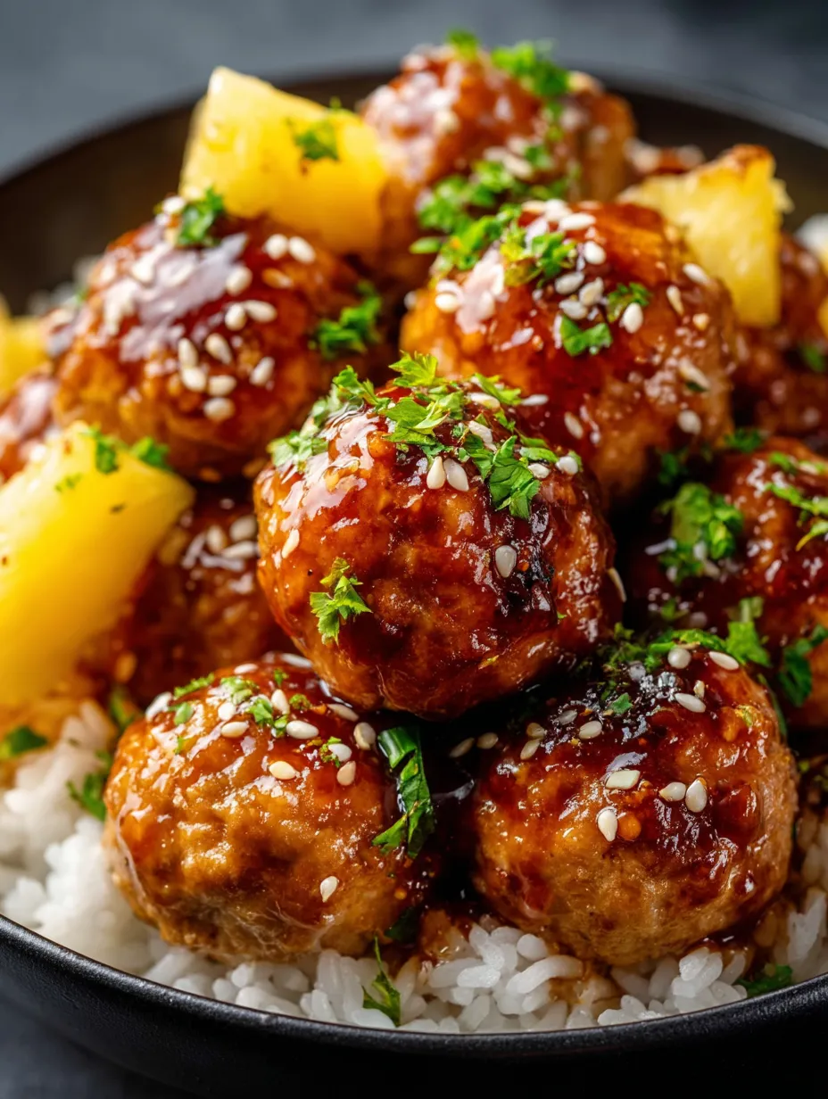 Un bol de boulettes nappées d’une sauce teriyaki à l’ananas.